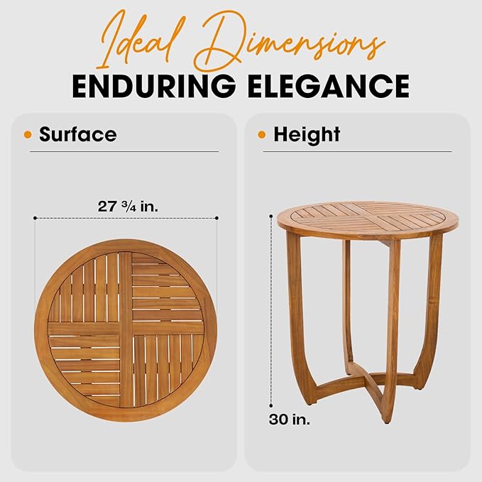 IDZO Outdoor Bistro Dining Table Heavy Duty 270lbs Capacity, FSC Acacia Wood, Elegant & Minimalist Design for Garden, Backyard, Porch, Patio