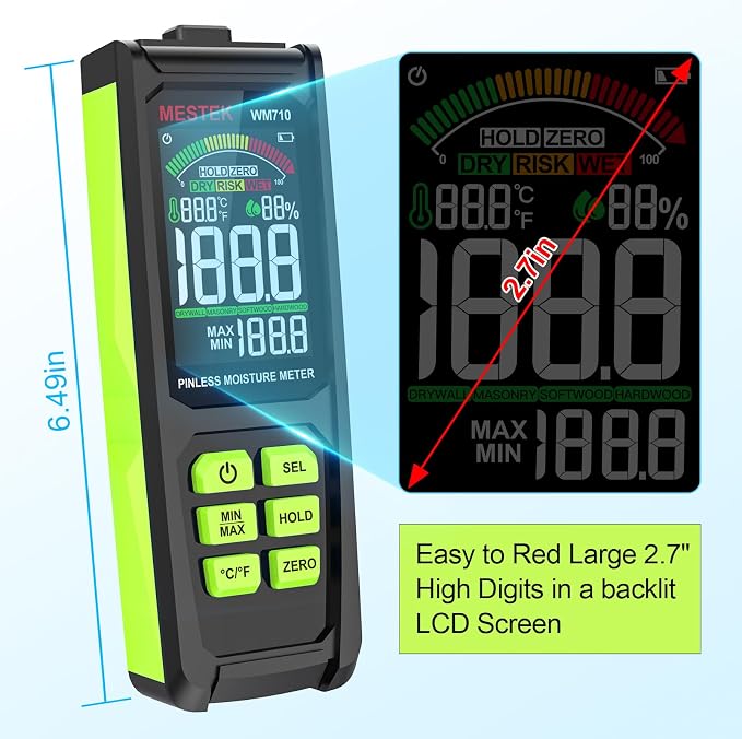 Pinless Moisture Meter, MESTEK Wood Moisture Meter Digital Moisture Detector for Lumber Drywall Firewood Masonry Woodworking Plaster Floor Concrete Building with LCD Display Sound Alarm
