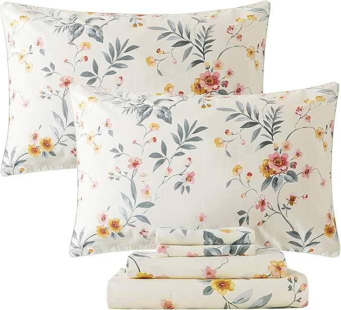 FADFAY Floral Sheets Set Twin XL Vintage Pink Floral Bedding Shabby Beige Botanical Sheets College Dorm Bedding 800 Thread Count Soft 100% Egyptian Cotton Deep Pocket Fitted Sheet 4Pcs, Twin XL Size