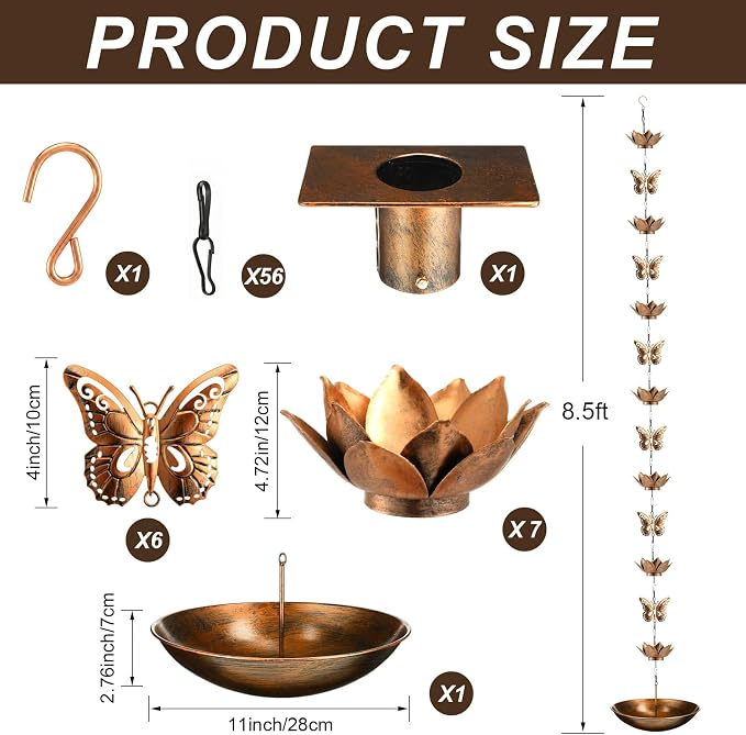 MorningRo Brass 8.5ft Rain Chains for Gutters Outside with Anchor Basin 12 Cups Rain Chain Catcher Downspout Replacement Adjustable Metal Garden Rainwater Divert for Eaves Drainage (Butterfly)