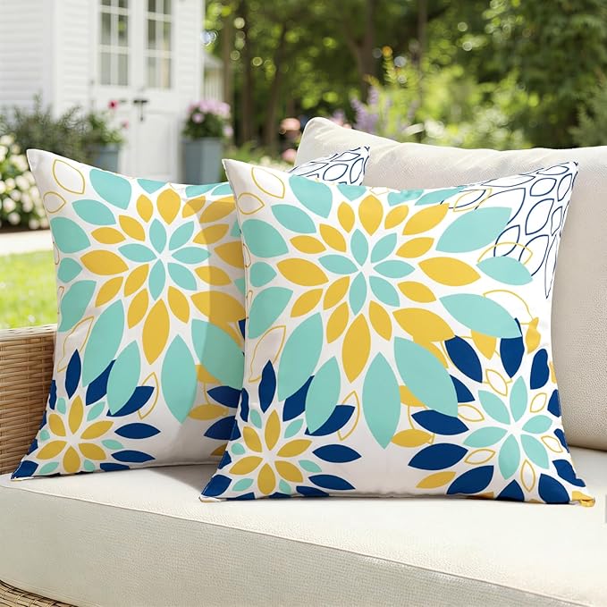 Floral Outdoor Pillow Covers Waterproof Spring Throw Pillow Cases Light Blue Yellow Inch Set of 2 Decorative Summer Cushion Covers for Patio Furniture Garden Bench Porch Sofa