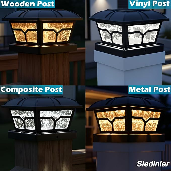 SIEDiNLAR Solar Post Cap Lights Outdoor 2 Color Modes 8 LEDs for 4x4 5x5 6x6 Posts Fence Patio Deck Decoration Warm White & Cool White Lighting Black (2 Pack)