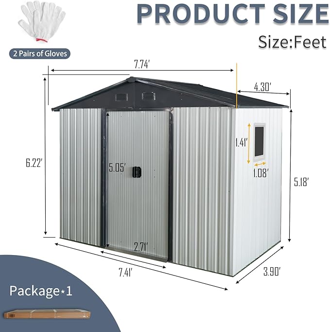 KEIKI 8x4 FT Outdoor Metal Storage Shed with Peaked Roof,Air Vents,Window and Metal Foundation for Garden Yard