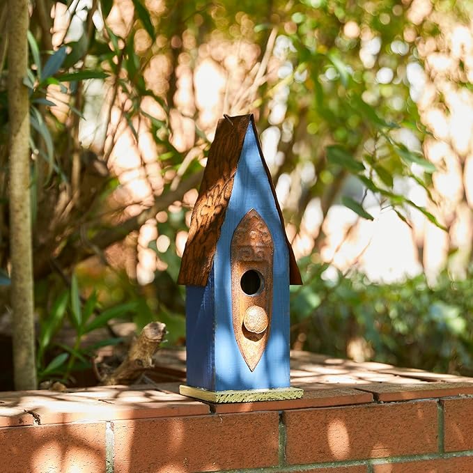 Glitzhome Bird Houses for Outside, Hanging Bird House for Outdoors, 13.25" H Retro Blue Distressed Solid Wood Pet Cottage Garden Decorative Birdhouse for Swallow Sparrow Finch Cardinals