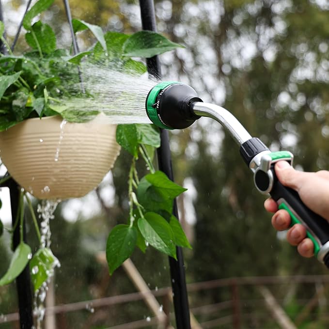 RESTMO 2-in-1 Watering Wand, Heavy Duty Metal Garden Hose Wand with 9 Spray Patterns, Multi-Function Hose Nozzle Sprayer with Thumb Flow Control, Ideal to Water Hanging Baskets and Shrubs, Green