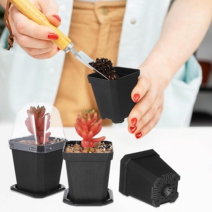 LIOOBO Black Plant Nursery Pots: 5Pcs Seeding Starter Pots, 3 Square Nursery Pot with Humidity Dome, Plastic Plant Container for Garden Vegetable Flower Germination
