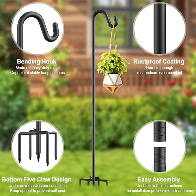 92" Heavy Duty Bird Feeder Pole, Height Adjustable Shepherds Hook for Outdoor - 5-Prong Bird Feeder Hanger, Rust-Proof Hanger for Plants, Wind Chimes, Hummingbird Feeders & Wedding Decor