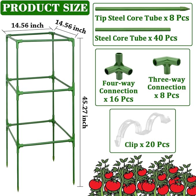 ZeeDix 45 Inch Tomato Cages 2 Pack, Heavy Duty Adjustable Metal Garden Plant Supports for Climbing Vegetables - Square Cage for Tomatoes, Cucumbers, Peas, Flowers with 20 Plant Clips