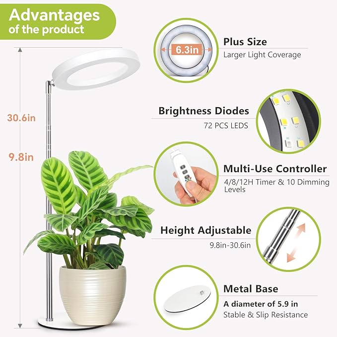 Desktop Grow Light, Height Adjustable Grow Lights for Indoor Plants Full Spectrum, 3 Lighting Mode, Halo Grow Light with Timer, Plant Lights for Indoor Growing (White)