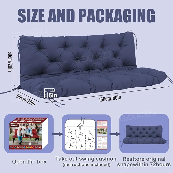 Porch Swing Cushions Outdoor 60 inch Waterproof Thicken 5" Backyard Swing Cushion with Backrest and Ties 2-3 Seat Outdoor Swing Cushions Replacement for Porch Patio Garden Lawn(Navy Blue)