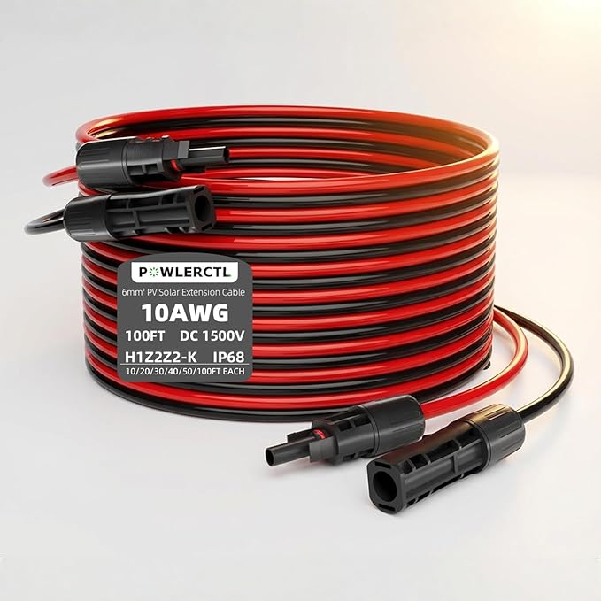 Solar Panel Extension Cable 10 AWG 100Ft 6mm² Wire Gauge Certified PV Cable,100% Tinned Copper Heavy Duty with Male Female Waterproof mc4 Connectors,for RV, Home Boat Photovoltaic Systems