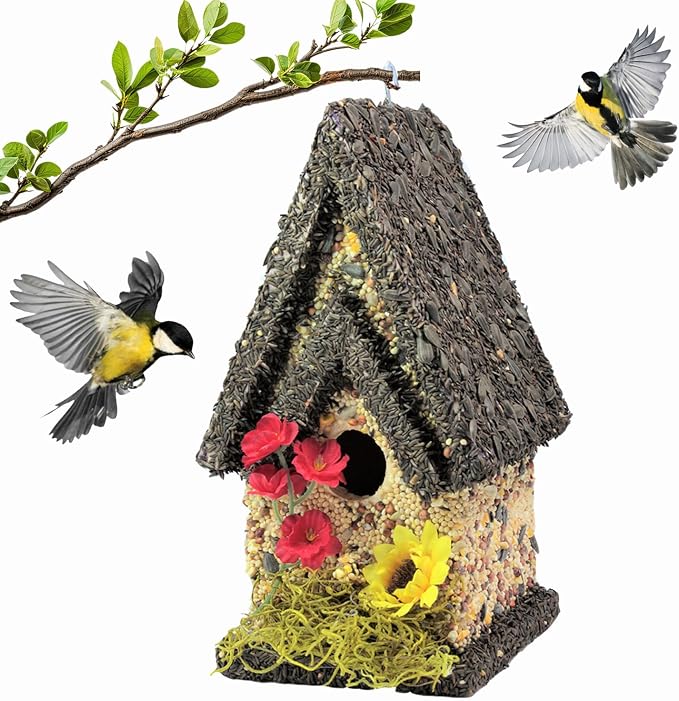 Edible Birdhouse - Birdseed Bird Feeder, Wooden Birds House Covered in Wild Bird Food, Squirrel Resistant Birds Feeders for Outside Hanging, Watching Gift for Garden Lovers, (TD)