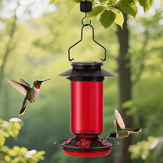 TANSOREN Solar Hummingbird Feeder for Outdoors Hanging Glass 21 Ounce with 5 Bee Guard Feeding Ports and Ant Moat, Leak-Proof, Red