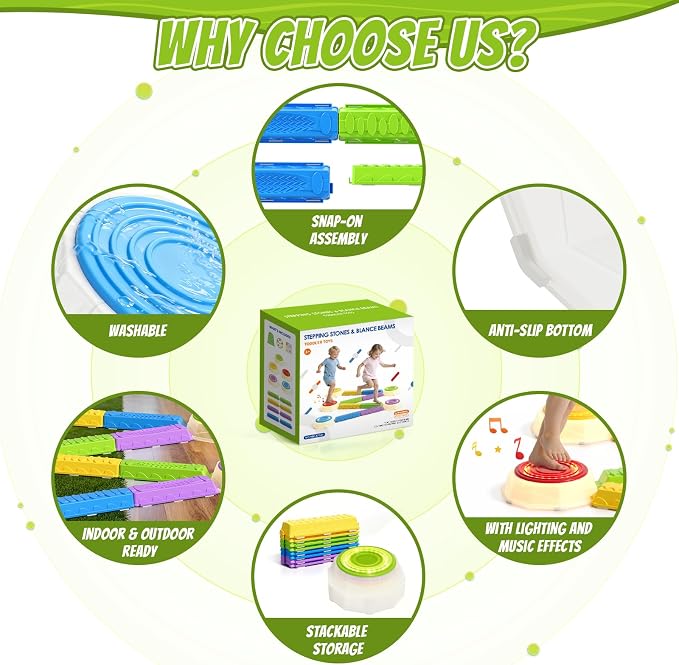 HYES Light Up Stepping Stones & Balance Beams for Kids 1-3, 13PCS Non-Slip Sensory Obstacle Course with Piano Music, Game Spinner & 30 Cards, Indoor Outdoor Toddler Toys Gifts for Boys Girls Ages 3-5
