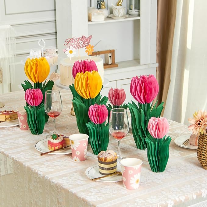 8 Pcs Tulip Honeycomb Decorations, Spring Decorations for Office, Table Decor, Tulip Party Decorations, Spring Centerpieces for Tables for Mothers Day Party, Womens Day
