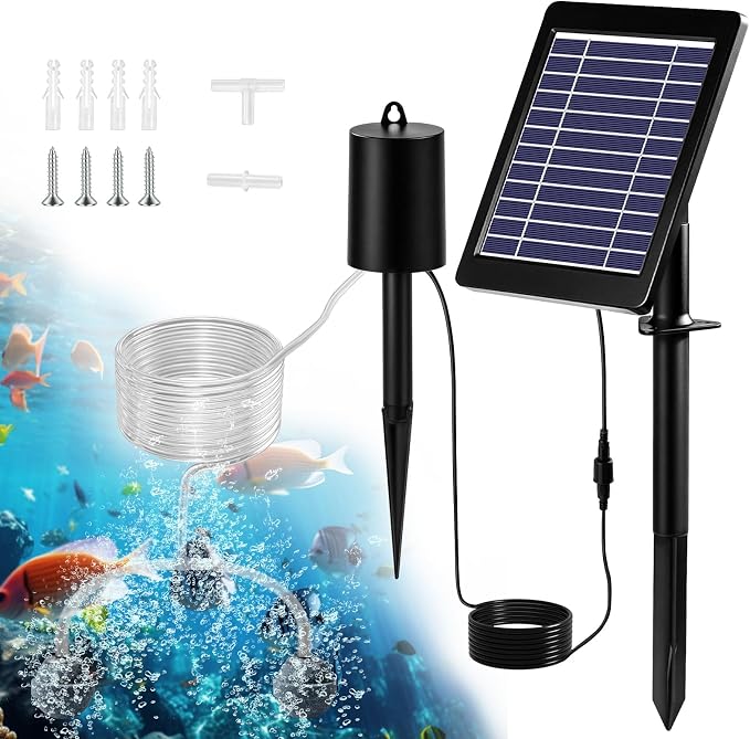 Yeomi 4W Solar Aerator Pump, Solar Pond Oxygenator with Dual Air Stones, 3 Working Modes 18/36/72H Runtime, Split Mount Solar Powered Air Pump for Outdoor Pond, Fish Tank, Water Feature Aquaculture