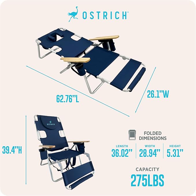 Ostrich the Woody Backpack 3N1 Portable Chair with Cooler Bag and Reclining Lounger for Tanning, Camping, Beach, and Outdoor Essential, Navy Blue