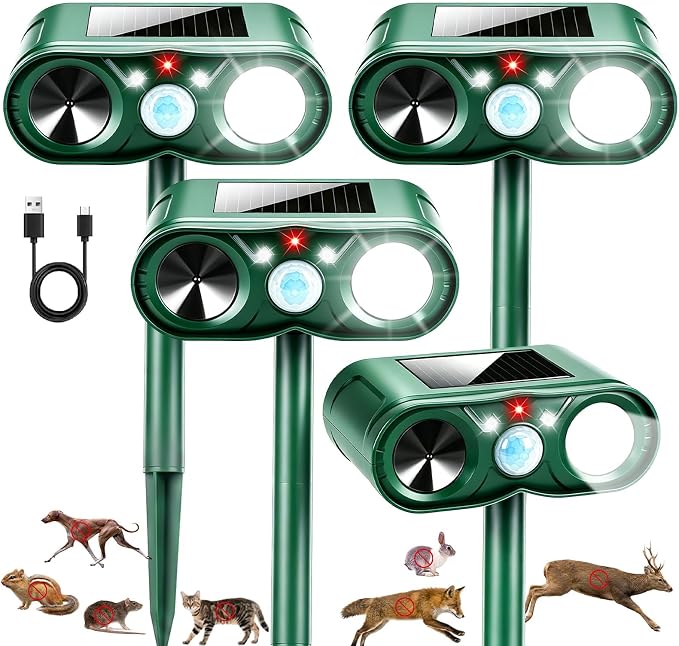 4Pack Upgraded Deer Repellent Devices Solar Ultrasonic Animal Repellent Outdoor with Motion Sensor Strobe Light for Squirrel Raccoon Rabbit Cat Deterrent Sonic Fortress Pro Keep Pests Out of Yard Farm