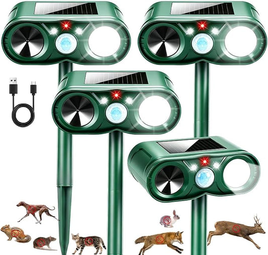 4Pack Upgraded Deer Repellent Devices Solar Ultrasonic Animal Repellent Outdoor with Motion Sensor Strobe Light for Squirrel Raccoon Rabbit Cat Deterrent Sonic Fortress Pro Keep Pests Out of Yard Farm