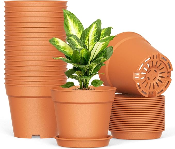SwinDuck 20 Pack 6 Inch Plant Pots with Drainage and Saucers, Plastic Flower Pots for Indoor and Outdoor Plants, Stackable Nursery Planters for Houseplants and Herbs, Terracotta