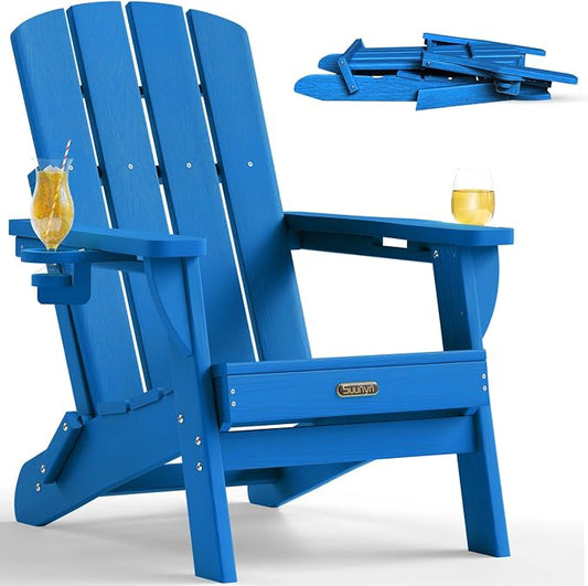 Folding Adirondack Chair, HDPE Adirondack Chairs with 2 Cup Holder, Plastic All-Weather Fire Pit Chairs, Outdoor Lawn Chair for Patio Garden (Ocean Blue)