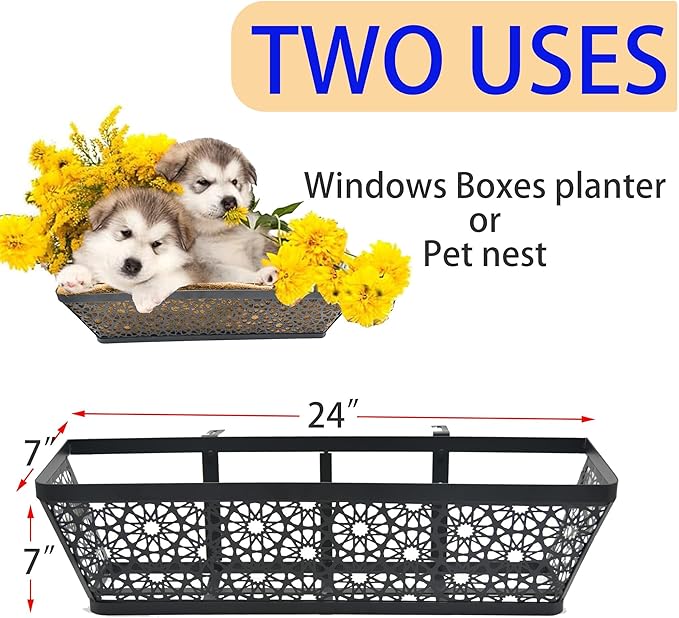 2 PCS 24 Inch Window Deck Box Railing Planter Boxes with Coco Liner,Black Metal Hanging Flower Planter Basket Hanging for Window Sill Balcony Courtyard Garden