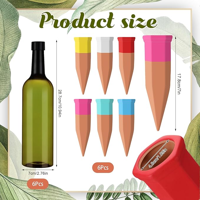 SiliFine 6 Sets Plant Watering Devices Include Terracotta Self Watering Spikes and 26 oz Plastic Bottles, Slow Release Vacation Insert Automatic Plant Waterer Device (Green and Mixed Color)