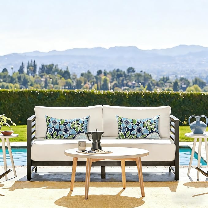 LVTXIII Set of 2 Patio Lumbar Pillows, 12" x 20" Fade Resistant Outdoor Lumbar Pillow with Inners, Fluffy Decorative Garden Lumbar Cushions for Home Patio Coach Sofa Use, Azure Botanical Symphony‌