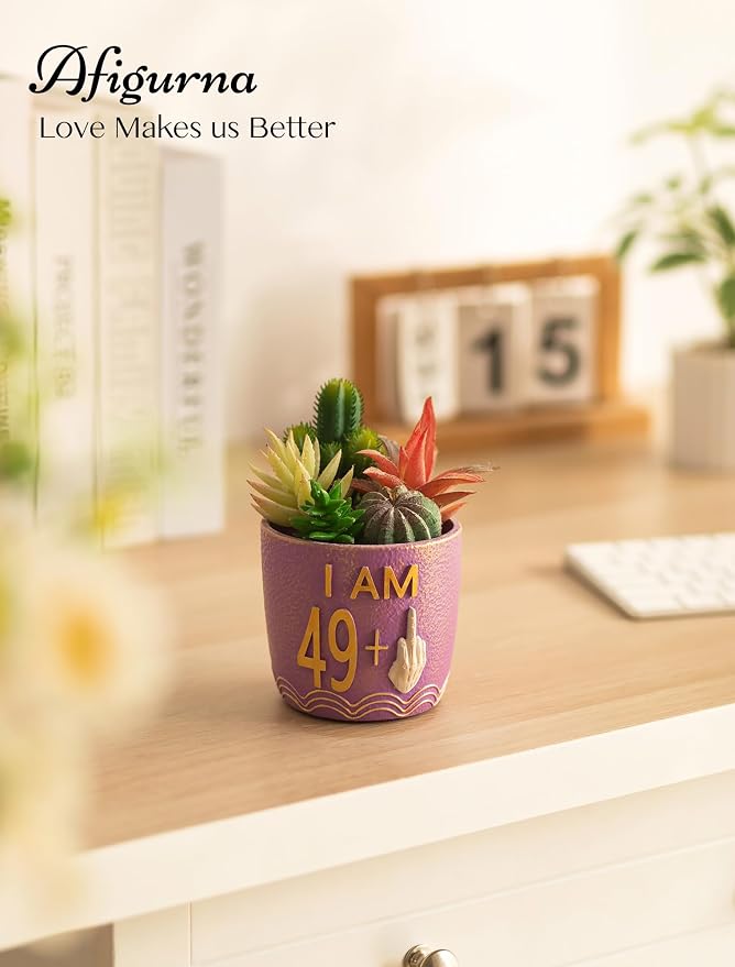 50th Birthday Gifts for Women: Funny 49 + Middle Finger Hand-Painted Planter Present for Turning Fifty - Hilarious 50th Birthday Gifts for Friend Mom - Happy 50th Birthday Decorations
