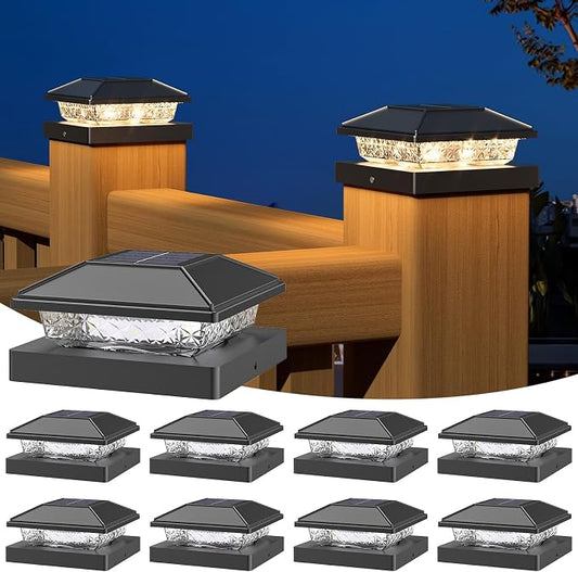 NIORSUN Solar Post Lights Outdoor, Fence Post Solar Lights Warm White, Waterproof, Garden Patio Fence Deck Decor, 4x4 Posts Cap Wood Vinyl, Black 8 Pack