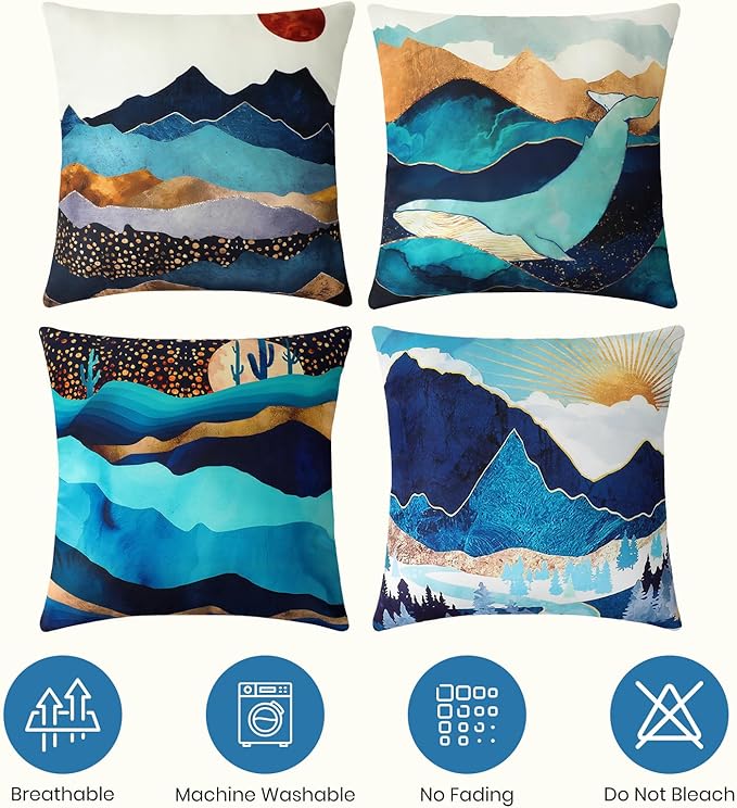 Premillow Outdoor Pillow Covers 18x18 Inch Set of 4, Sunset Blue Hill Decor Throw Pillow Covers Outside Waterproof Pillow for Patio Furniture Bench Chair Couch Sofa
