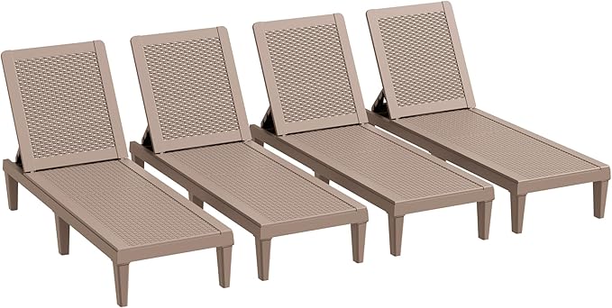 Greesum Outdoor Chaise Lounge Chairs Set of 4 with 5-Position Adjustable Backrest, Waterproof PP Sun Chaise Loungers for Garden Pool Beach Patio Deck Sunbathing, Light Coffee