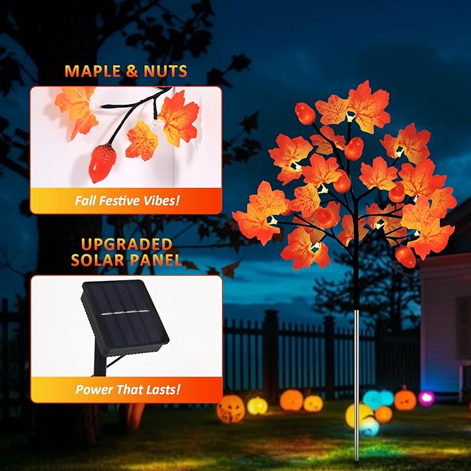 Fall Decorations Outdoor, 4-Pack 80LED Maple Leaf Acorn Yard Stake Lights, Waterproof Solar Fall Lights Thansgiving Decorations Outdoor for Yard, Garden, Pathway Harvest Holiday Fall Decor