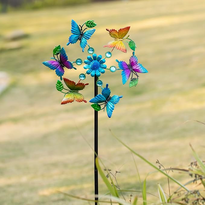 44" Colorful Butterfly Garden Wind Spinners - Metal Outdoor Stakes Kinetic Wind Spinner Windmills Decor, Wind Sculpture Yard Art Decorations for Patio, Lawn & Garden
