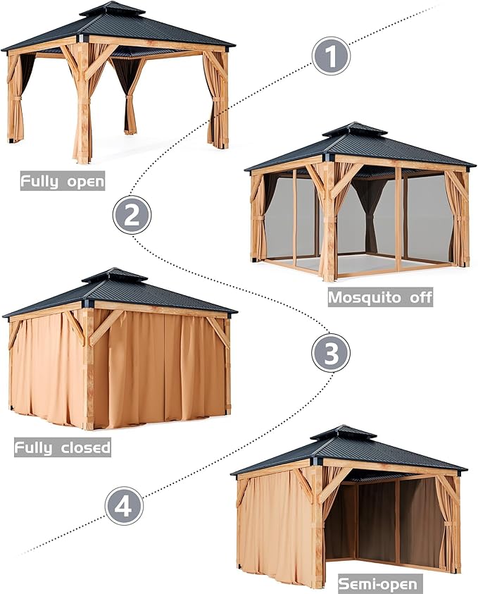 10x10 ft Wood Gazebo, Upgrade Spruce Frame and Double Galvanized Steel Roof, Hardtop Gazebo