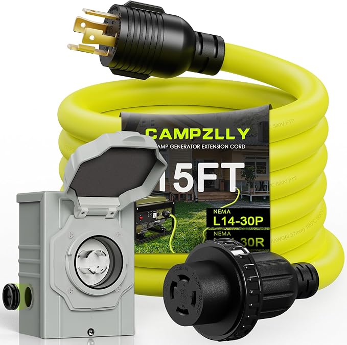 30 Amp Generator Cord 15FT and Power Inlet Box, NEMA L14-30P/L14-30R 125/250V Twist Lock Connector with Pre-Drilled NEMA L14-30P Generator Inlet Box for Generator to House, ETL Listed
