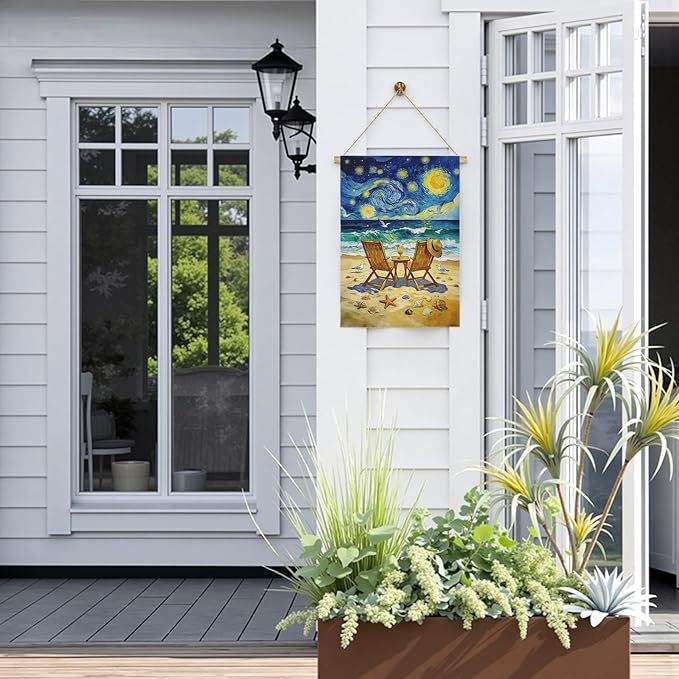 Beach Garden Flag Spring Summer Coastal House Flags Van Gogh Inspired Starry Night Style Ocean Seaside Chairs Yard Banner for Outside Lawn Patio Porch Seasonal Home Double Sided 28 x 40 Inch