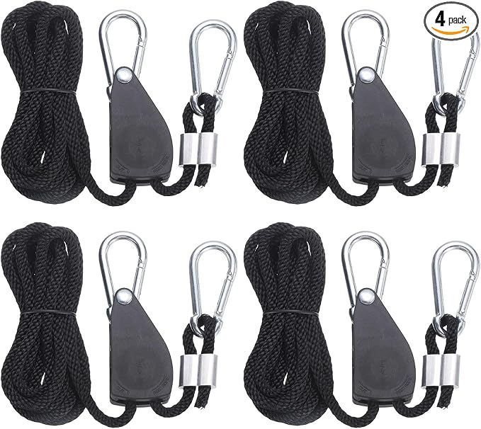 uxcell 4 Pairs 1/4" Adjustable Rope Hanger, 7.87ft(2.4 Meter) Heavy Duty Ratchet Tie Down Strap with Rope Clip Hanger for Hanging Plants, Grow Light and Various Tie-Down Uses, Black
