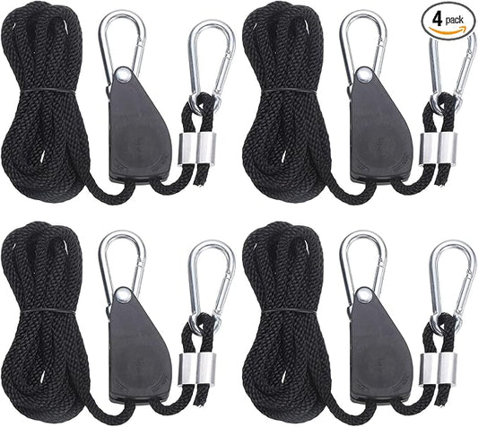 uxcell 4 Pairs 1/4" Adjustable Rope Hanger, 7.87ft(2.4 Meter) Heavy Duty Ratchet Tie Down Strap with Rope Clip Hanger for Hanging Plants, Grow Light and Various Tie-Down Uses, Black