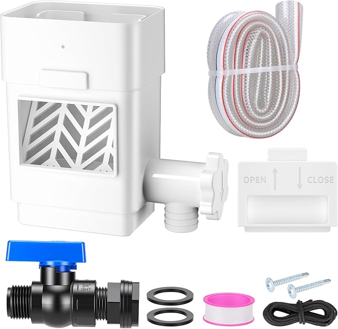 2026 Upgraded Rain Barrel Diverter Kit, Rainwater Collection System with Built-in Filter Screen, Fits 2x3 or 3x4 inch Standard Downspout, Includes 3/4’’ GHT Rain Barrel Spigot, 39.37’’ Hose, White