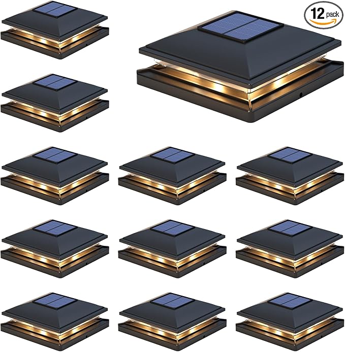 APONUO 12 Pack Fence Post Solar Lights, 2 Modes(Warm/Cool Light) Outdoor Waterproof 4x4 Post Solar Lights, Solar Powered Garden, Patio, Deck Decor for 4x4, 5x5, 5.5x5.5 Wood & Vinyl Posts, Black