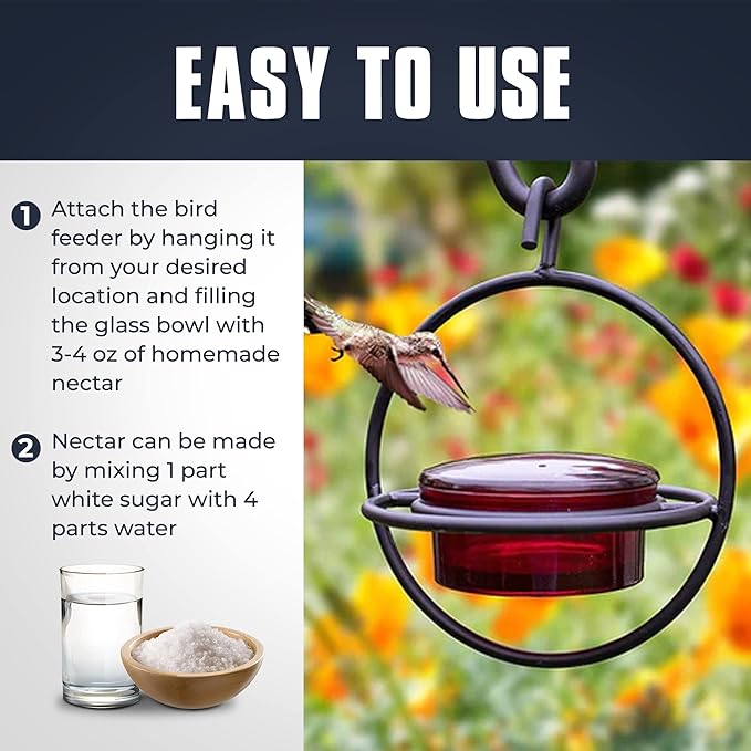 Monarch Abode Hanging Hummingbird Feeders for Outdoors – Single Handcrafted Hanging Glass Hummingbird Feeder with Red Bowl & Perch, Decorative Humming Bird Feeders for Outdoors Garden Patio Deck