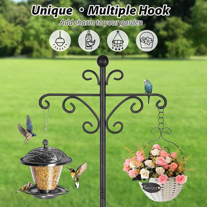 Bird Feeders Hanging Station, 196cm Wild Bird Feeder Poles and Hangers, Free Standing Feeding Station for The Garden, Heavy Duty Metal Double Shepherds Crooks Hooks for Lights Stand, Black, 2 Pack