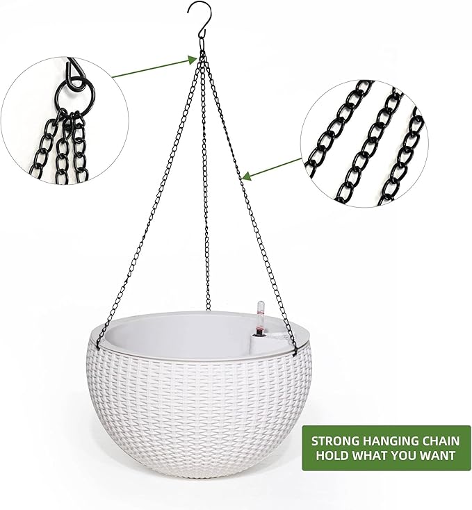 Dexceder 9 Inch Self Watering Hanging Planter (White) | Thickened Hanging Basket Flower Plant Pot with Water Level Indicator Indoor Outdoor