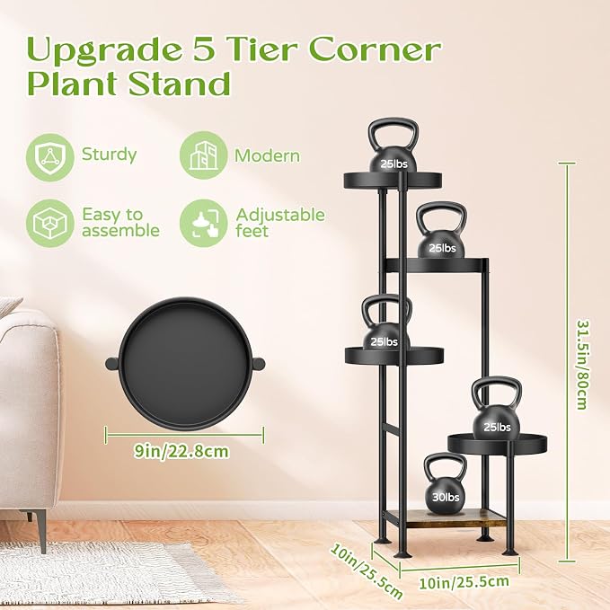 Oppro Plant Stand Indoor Outdoor, 5 Tier Metal Flower Pot Shelf Holder Clearance, Tall Corner Rack for Multiple Plants, Modern Organizer Display for Patio Orchid Office Porch Living Room Garden, Black