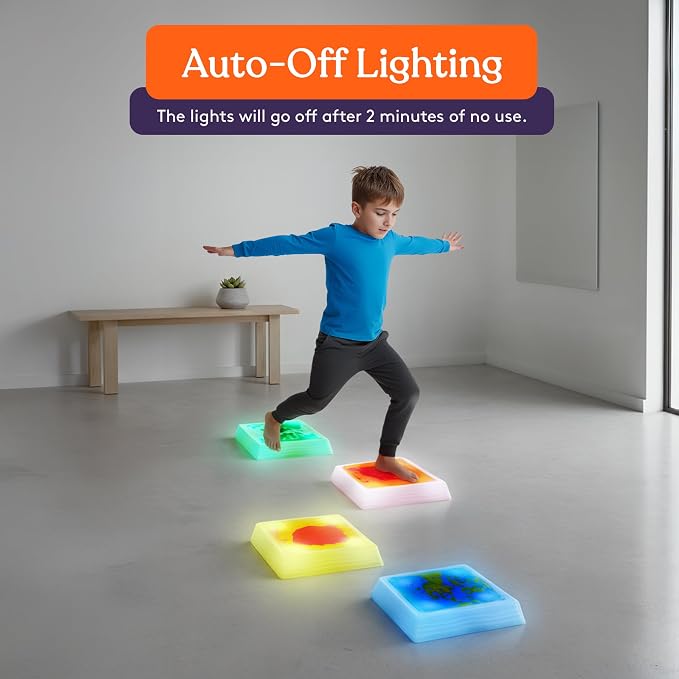 Special Supplies Liquid Gel LED Stepping Stones for Kids - Light-Up Square Balance Blocks - Promote Coordination, Balance, Strength for Toddlers & Children - Durable Non-Slip Rubber, Safe Indoor & Outdoor Play- 4 Pack