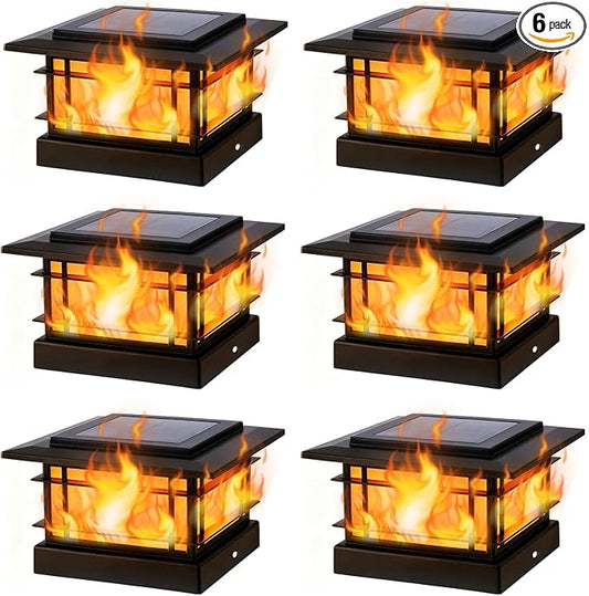 Dynaming 4x4 Solar Post Cap Lights Outdoor with Flickering Flame Light, Black Shell Fence Post Solar Lights Fit 4x4 Vinyl/Wooden Posts, Brightness LED Lighting Decor for Garden Deck Patio, 6 Pack