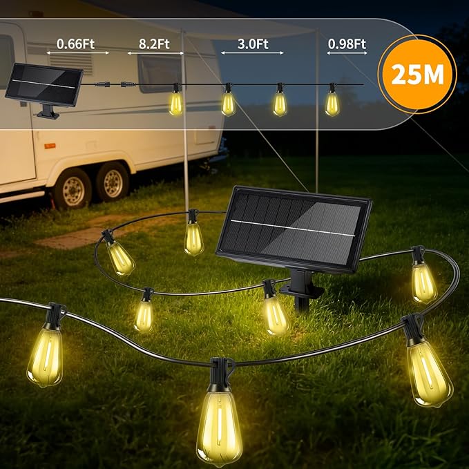 Solar Lights Outdoor Waterproof: ST38 82FT 25M Shatterproof Bulbs Patio Lights - Solar Powered & USB Charging- Remote Control 3 Light Modes Dimmable Solar Light - Camping Backyard Garden