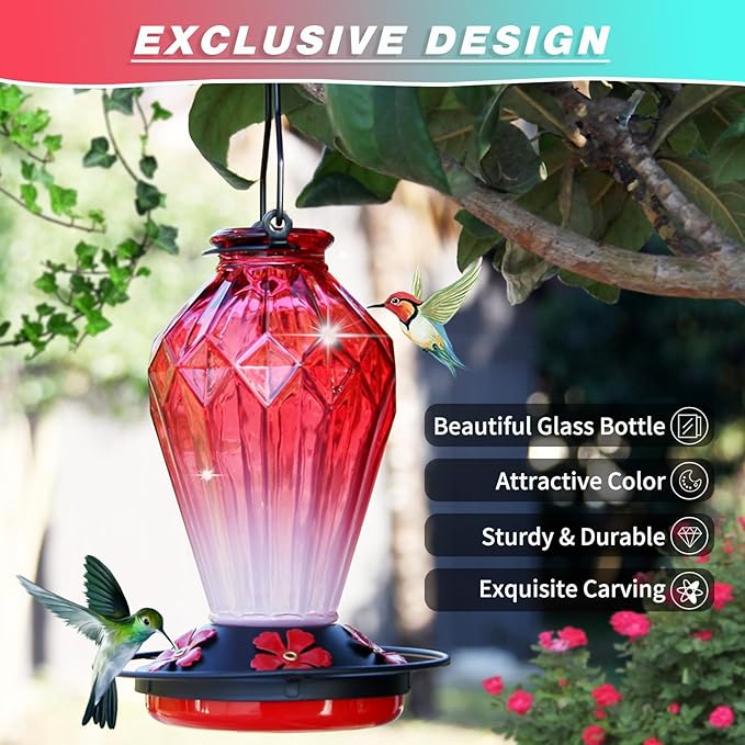 Glass Hummingbird Feeder for Outdoors Hanging, 25Oz Humming Bird Nectar Feeder, Perch, 5 Flower Feeding Ports, Leak Proof Base, Hook for Outside Garden Backyard, Gift for Women Mom, Diamond Red