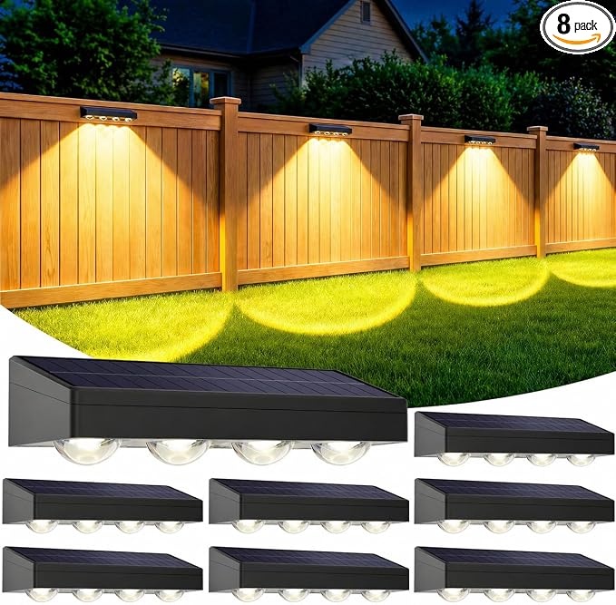 ShineTech Solar Fence Lights Outdoor Waterproof, 3-Color Lighting Modes LED Solar Powered Deck Lights, Outdoor Step Lights for Railing, Patio, Wall, Backyard (8 Packs)